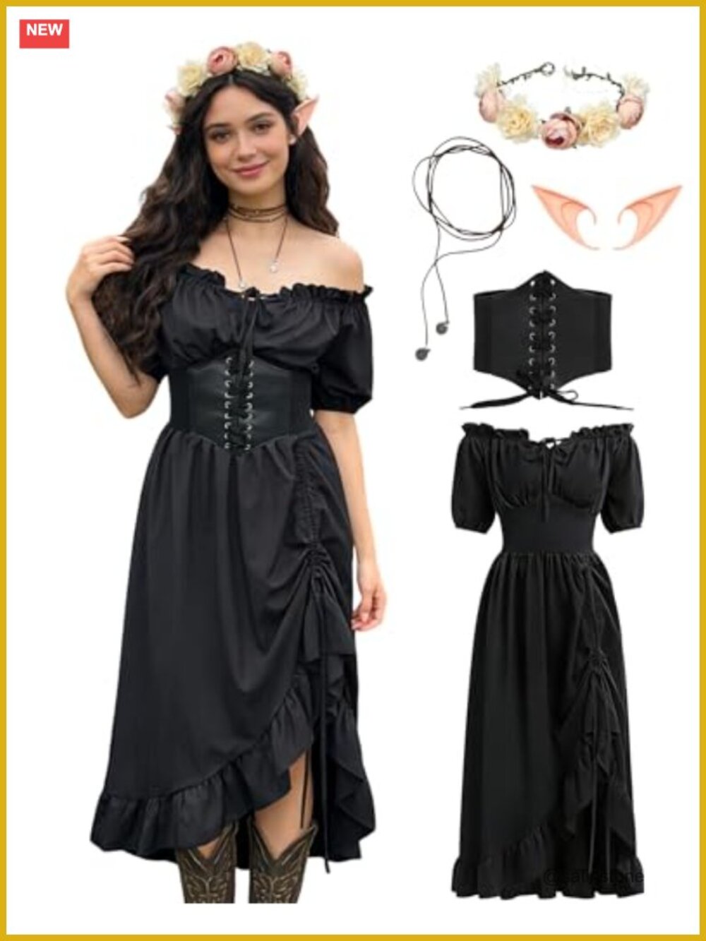 Renaissance Costume Women Cottagecore Maxi Dress Corset Fairy Elf Halloween